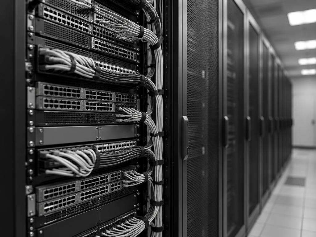 Organized server room with neatly cabled network racks